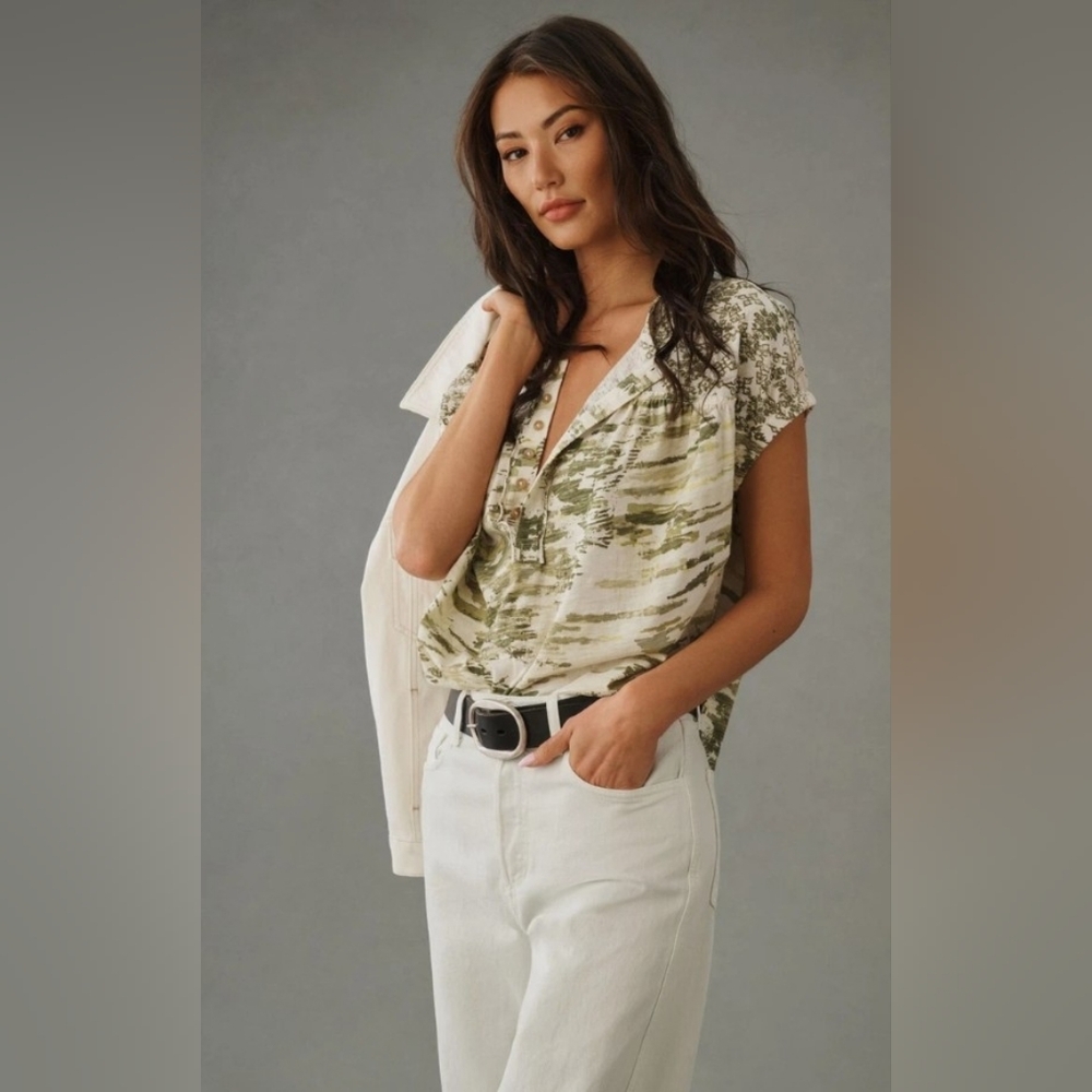 Pilcro Anthropologie Green Cream Ruched Henley Patterned Tshirt Size XXS - Picture 3 of 14
